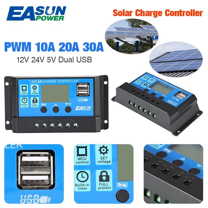 Solar Charger Controller with 60A/50A/40A/30A/20A/10A and 12V 24V Auto PWM Controllers LCD Display 5V Dual USB Output