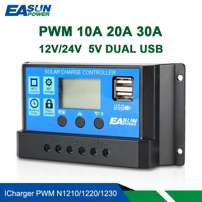 Solar Charger Controller with 60A/50A/40A/30A/20A/10A and 12V 24V Auto PWM Controllers LCD Display 5V Dual USB Output