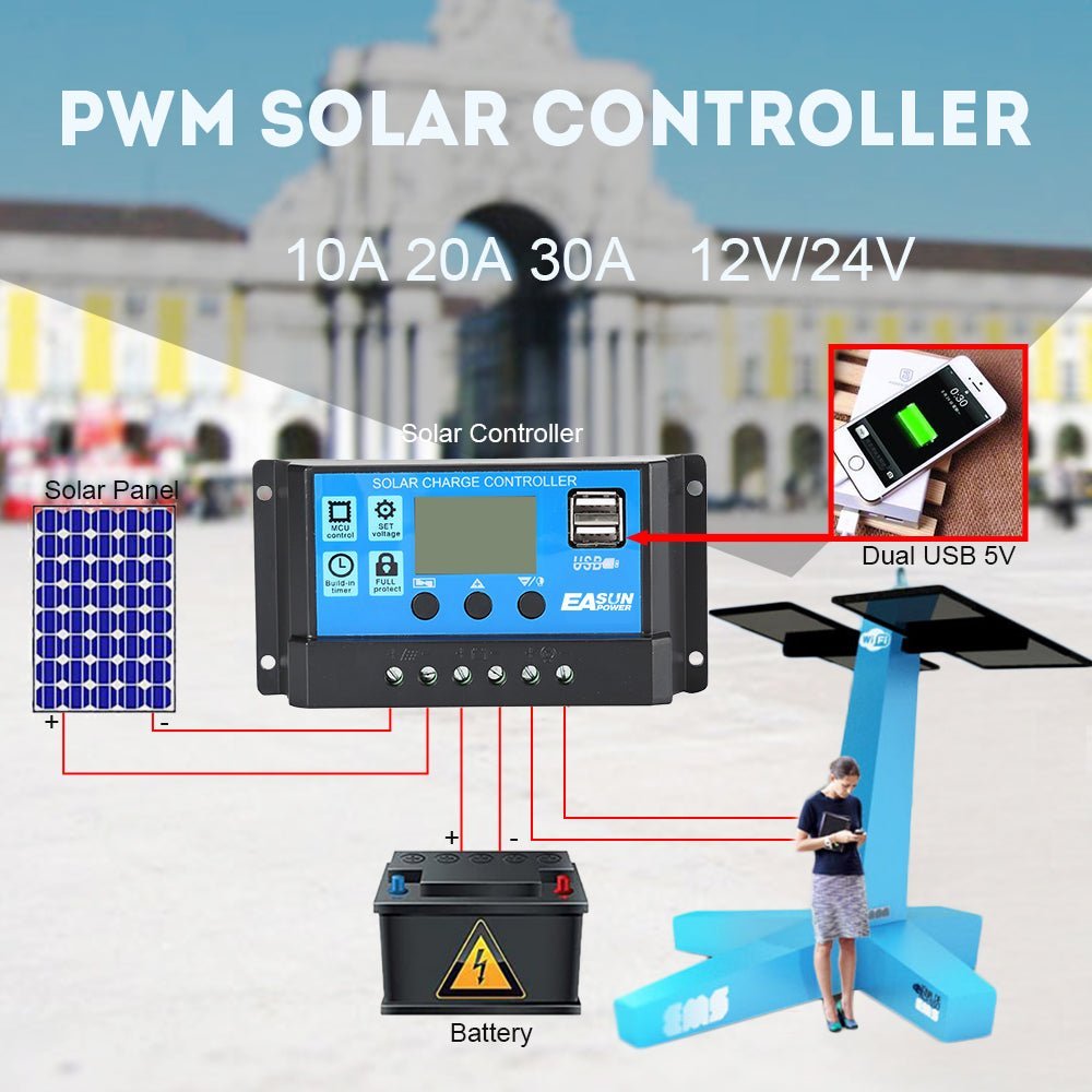 Solar Charger Controller with 60A/50A/40A/30A/20A/10A and 12V 24V Auto PWM Controllers LCD Display 5V Dual USB Output