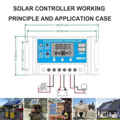 Solar Charger Controller with 60A/50A/40A/30A/20A/10A and 12V 24V Auto PWM Controllers LCD Display 5V Dual USB Output