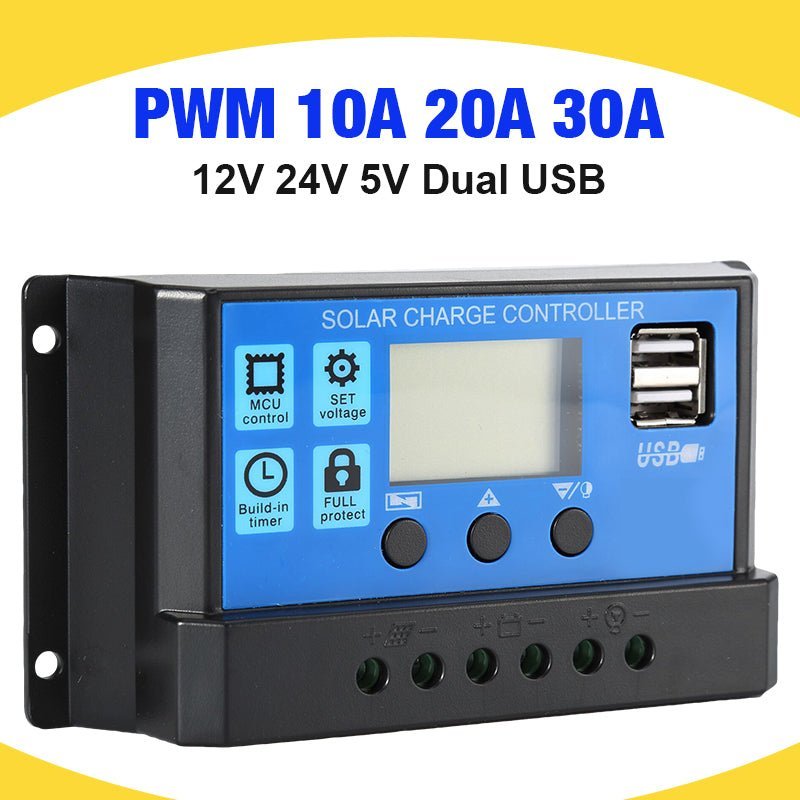 Solar Charger Controller with 60A/50A/40A/30A/20A/10A and 12V 24V Auto PWM Controllers LCD Display 5V Dual USB Output