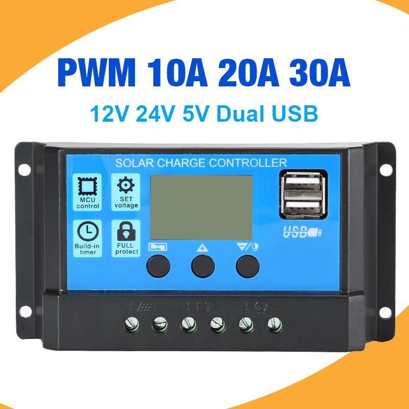 Solar Charger Controller with 60A/50A/40A/30A/20A/10A and 12V 24V Auto PWM Controllers LCD Display 5V Dual USB Output