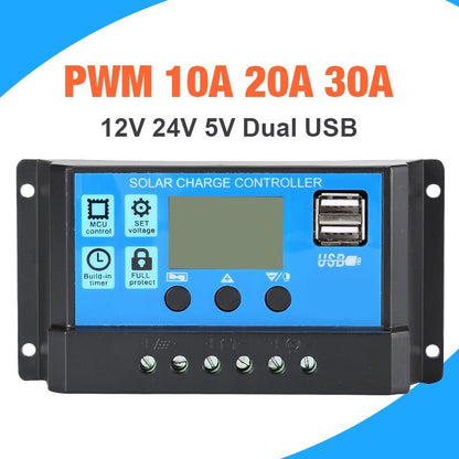 Solar Charger Controller with 60A/50A/40A/30A/20A/10A and 12V 24V Auto PWM Controllers LCD Display 5V Dual USB Output